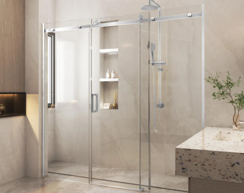 Sliding shower door with glass panels for a modern bathroom