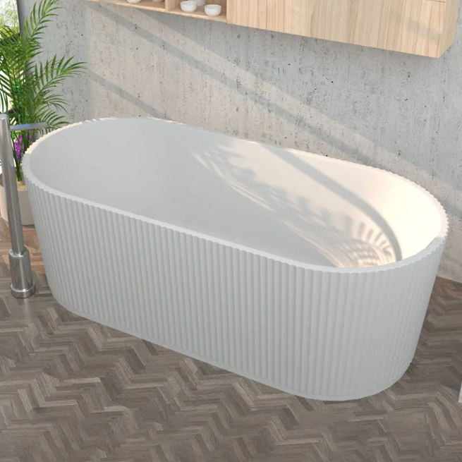 Oval Acrylic Fluted Freestanding Bathtub Soaking Matte White